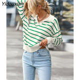 Yidouxian Winter 2023 New Women V Neck Long Sleeve Striped Loose Sweater For Ladies Soft Comfortable Thermal Knitted Top