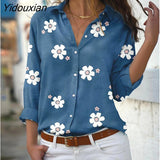 Yidouxian Single Breasted Cardigan Floral Print Shirt Women British Style Lapel Long Short Sleeve Blouse Commuter Casual Loose Top