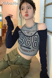 Yidouxian Y2k Streetwear Vintage Korean Crop Top Women Sexy American Retro Letter Printed T Shirts Off Shoulder Aesthetic Clothes