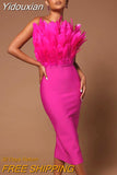 Yidouxian Fashion Women Sexy Strapless Backless Brown Hot Pink Feather Bodycon Bandage Dress 2023 Elegant Evening Club Party Dress