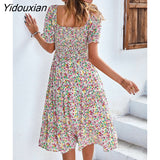 Yidouxian Spring Summer Long Print Dress Women Bohemian Short Sleeve High Waist Flroal Dresses For Ladies Leisure