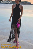 Yidouxian TRAF Sexy Backless Halter Tassel Maxi Dress Women Black Sleeveless Long Dress 2023 Summer Female Chic High Street Dress