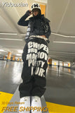 Yidouxian Y2k Jeans New Hip Hop Letter Printed Black Pants Men Women Fashion Punk Loose Straight Wide Leg Trousers Streetwear