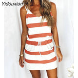 Yidouxian Stripe Pocket Bandage Mini Sling Dress Sexy V-Neck Shoulder Strap Beach Party Dress 2023New Women Summer Dress