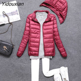 Yidouxian Winter Detachable Cap Women's Lightweight White Duck Down Jacket Hooded Zipper Full Sleeve Cropped Ultralight Coat