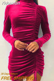 Yidouxian Bodycon Dress Solid Folds Drawstring Mini Dress Autumn Women Turtleneck Long Sleeve Party Dresses Vestidos De Noche