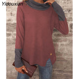 Yidouxian Waffle T-shirt Women Half Turtleneck Long Sleeve Button Solid Colour Patchwork Tops Spring Autumn Elegant Casual Clothes