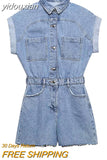 yidouxian V Neck Button Up Casual Denim Rompers Overalls Women Blue Rompers Playsuits Short Sleeve Spring Summer Outfit 2023