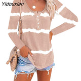 Yidouxian Autumn Tie Dye Print Stripes T-Shirt Women O Neck Button Pullover Loose Long Sleeve Tops Fashion Casual Office Cotton Tees