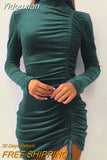 Yidouxian Bodycon Dress Solid Folds Drawstring Mini Dress Autumn Women Turtleneck Long Sleeve Party Dresses Vestidos De Noche