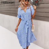 Yidouxian Spring Summer Ladies Bandage Dress Women Medium Long Sleeve Button Floral Print Holiday Style Chic Dress Female