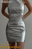 Yidouxian Sexy Sliver Pu Leather Women'S Dress 2023 Bodycon O-Neck Sleeveless Mini Dress Female Fashion Slim Party Club Dresses