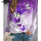 Yidouxian Autumn Women New Butterfly Floral Printed Sweatshirt Ladies O Neck Long Sleeve Casual Loose Hoodie Streetwear Pullover Tops