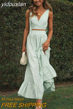 yidouxian Beach Boho Summer Midi Dress Matching Sets Women Green Backless Lace Up Dresses Sundress Vintage French Style Dress