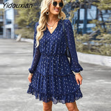 Yidouxian Printed Short Dress 2023 New Women Autumn Winter V Neck Long Sleeve Lace Up All Match A Line Dress