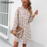 Yidouxian Spring Summer Loose Floral Short Dress For Women Casual Ruffles Half High Collar Ladies A Line Oversize Print Dress