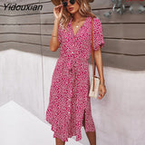 Yidouxian Spring Summer Ladies Bandage Dress Women Medium Long Sleeve Button Floral Print Holiday Style Chic Dress Female